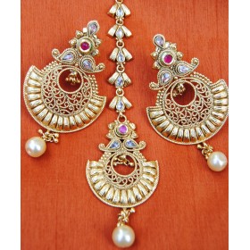 Gold Filigree Red Chand Bali Earrings With Maang Tikka